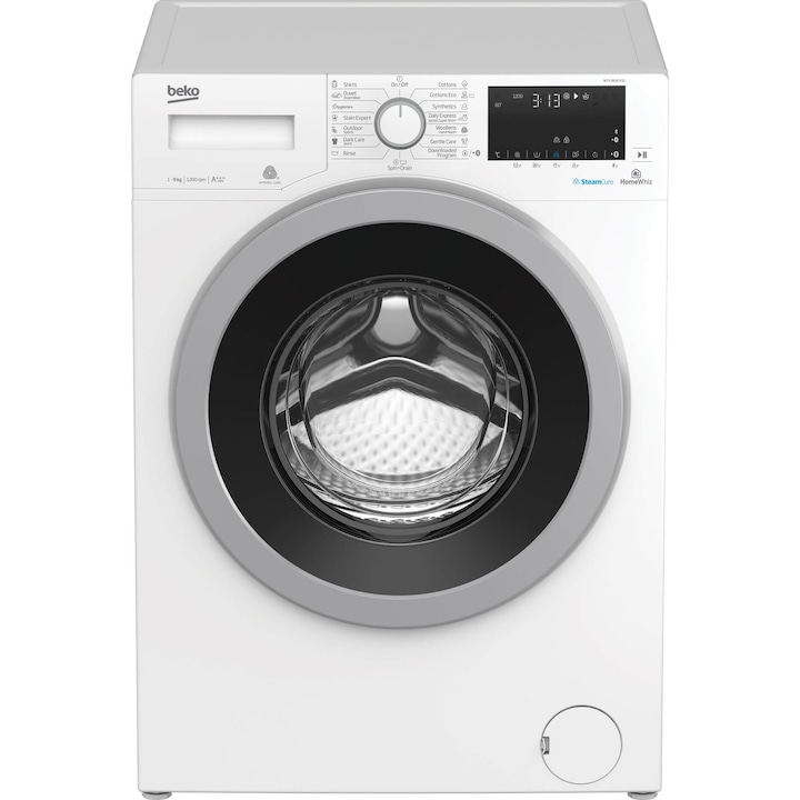 Masina de spalat rufe Beko WTV9636XS0, 9 kg, 1200 RPM, Clasa A+++, HomeWhiz, conectare Bluetooth, SteamCure, AddGarment, Motor ProSmart Inverter, 60 cm, Alb