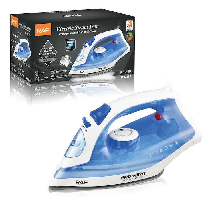 Fier de călcat cu aburi Raf R.1246B, cu termostat, rezervor de apă de 250 ml, 2200 W