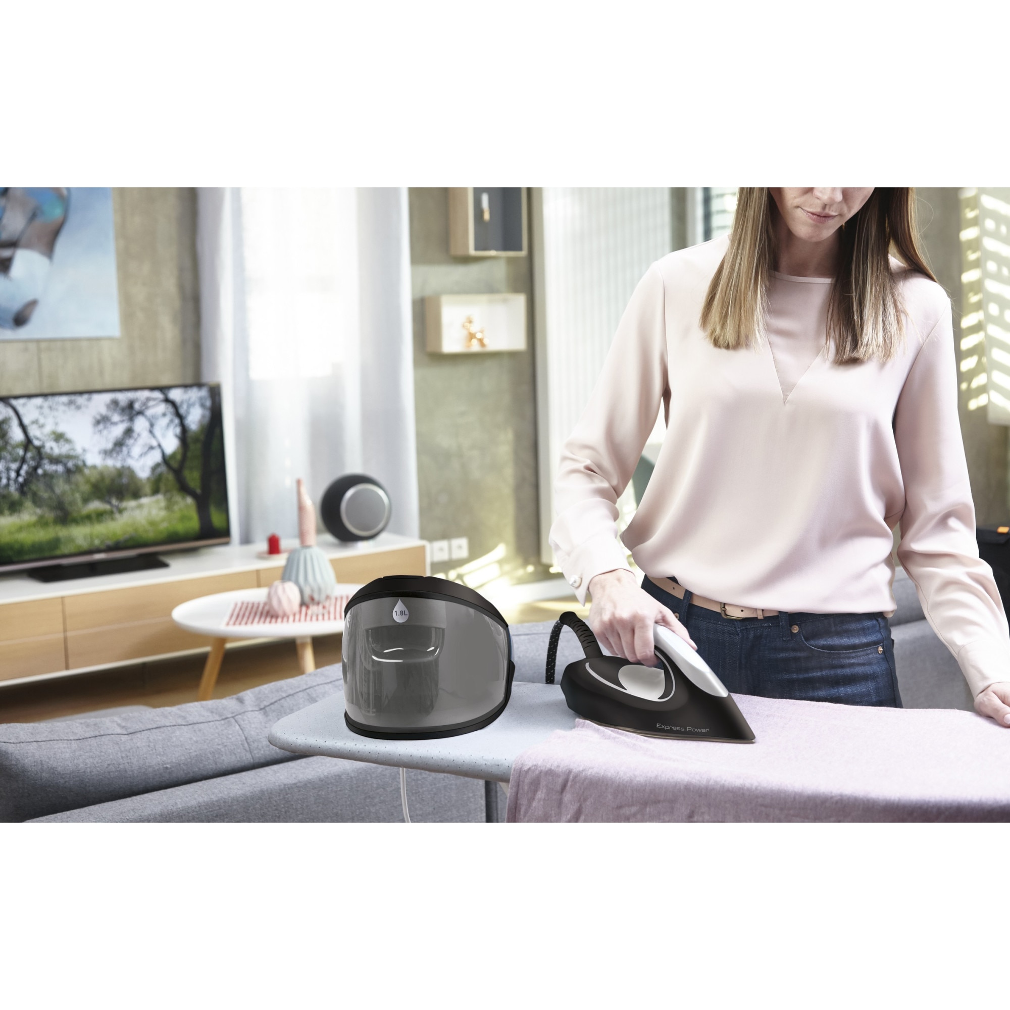Statie de calcat Tefal Express Power SV8062E0, 2800W, 6.8 bar, abur variabil 130g/min, talpa Durilium AirGlide, capacitate rezervor 1.8L, negru/argintiu