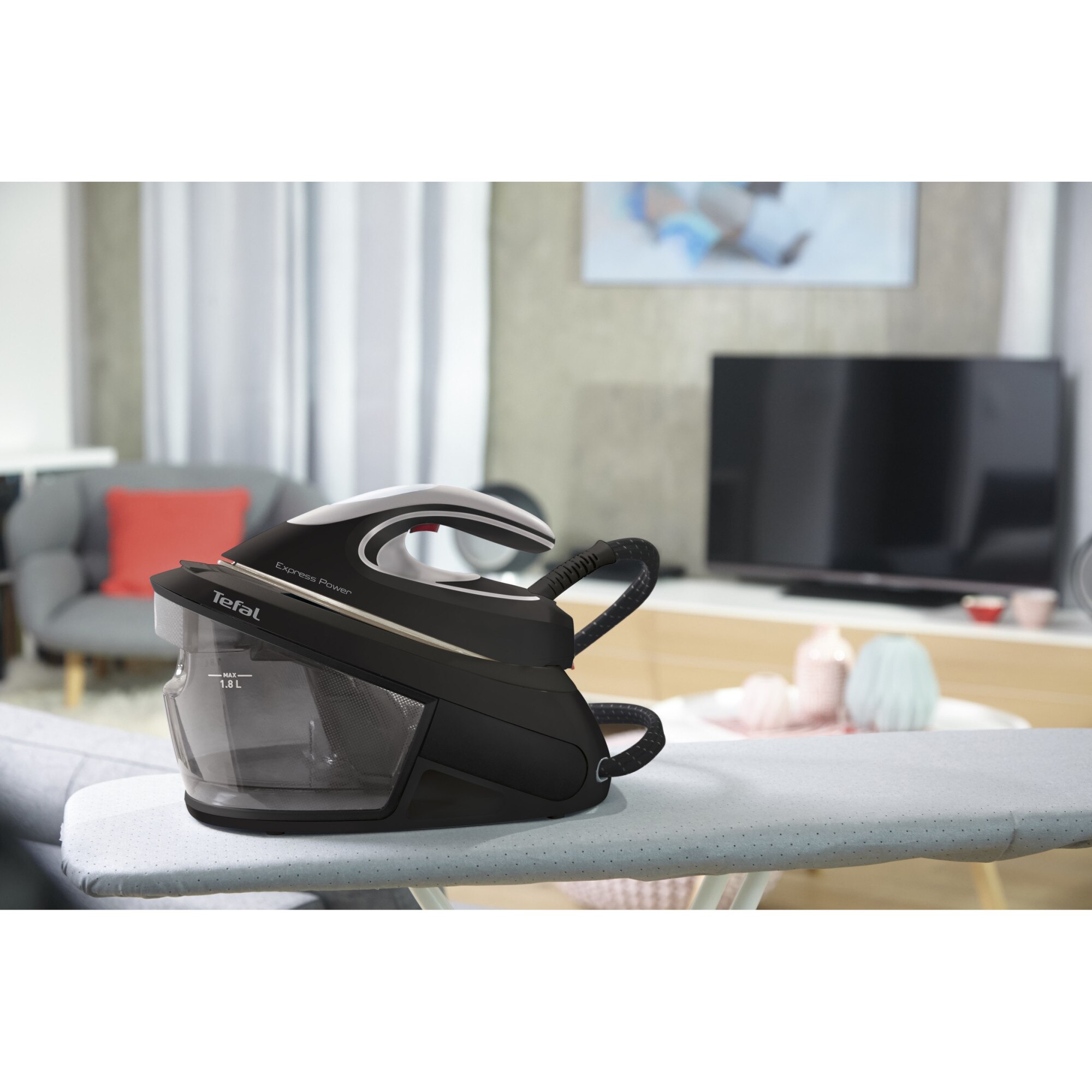 Statie de calcat Tefal Express Power SV8062E0, 2800W, 6.8 bar, abur variabil 130g/min, talpa Durilium AirGlide, capacitate rezervor 1.8L, negru/argintiu