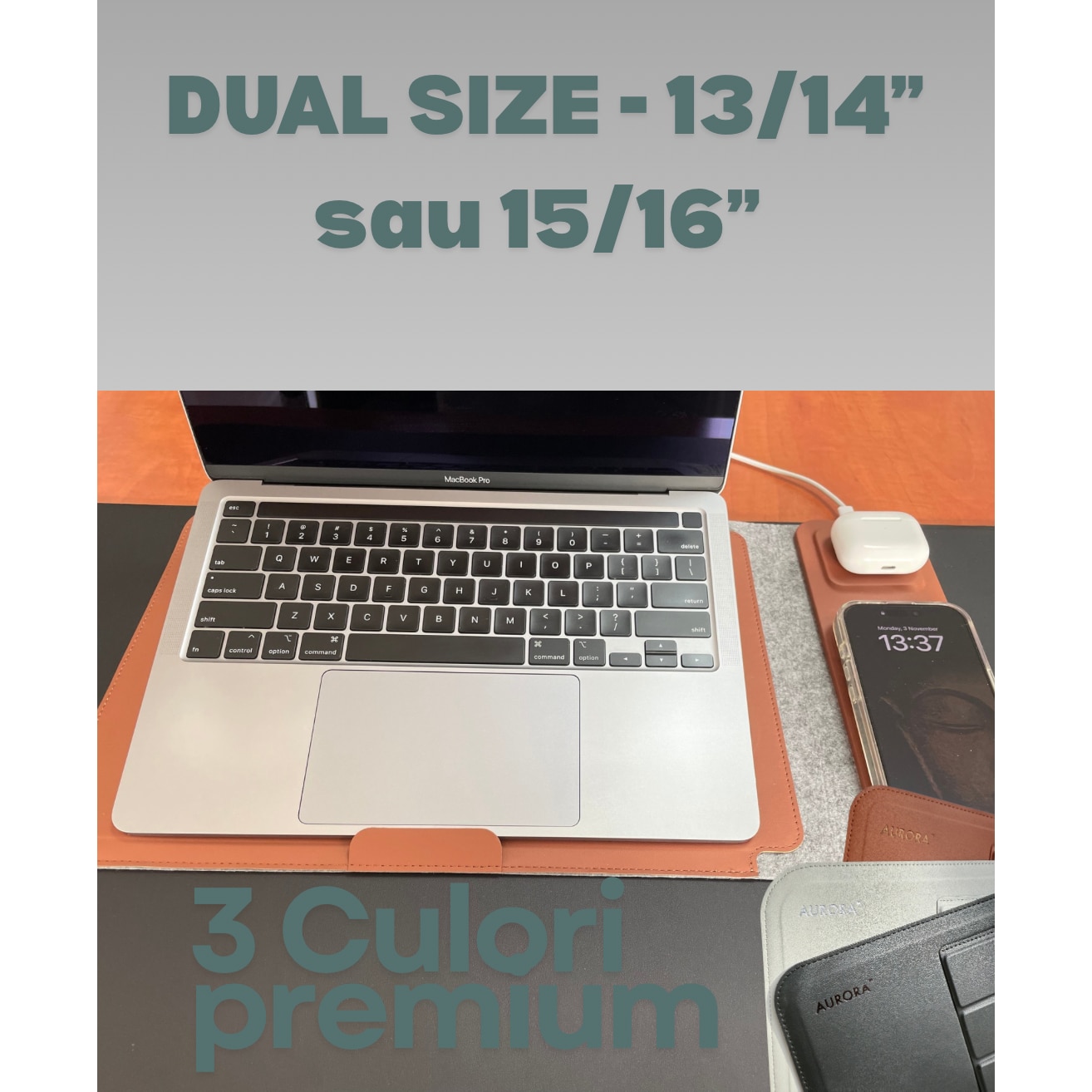 Husa Laptop 4-in-1 AURORA 13-14" cu pad incarcare Wireless MagSafe si Qi, compatibil Apple, Samsung, Huawei, Piele PU Maro, Impermeabila, Slim, Suport Ergonomic