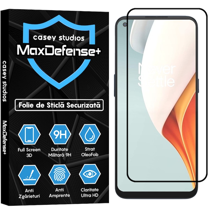 Folie Sticla CASEY STUDIOS™ compatibila cu OnePlus Nord CE 2 Lite 5G / Nord N100, Full Cover 3D, Full Glue, Duritate Militara, Ultra HD, Anti Zgarieturi, Anti Amprente, Anti Socuri, Margini Negre