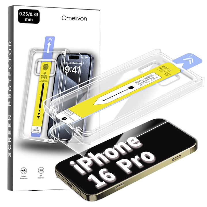 Folie de Protectie pentru iPhone 16 Pro, Omelivon, Sticla Securizata, cu Kit de Aplicare Instanta si Functie Automata de Indepartare a Prafului, Duritate 9H, Ultra HD, Anti Amprente