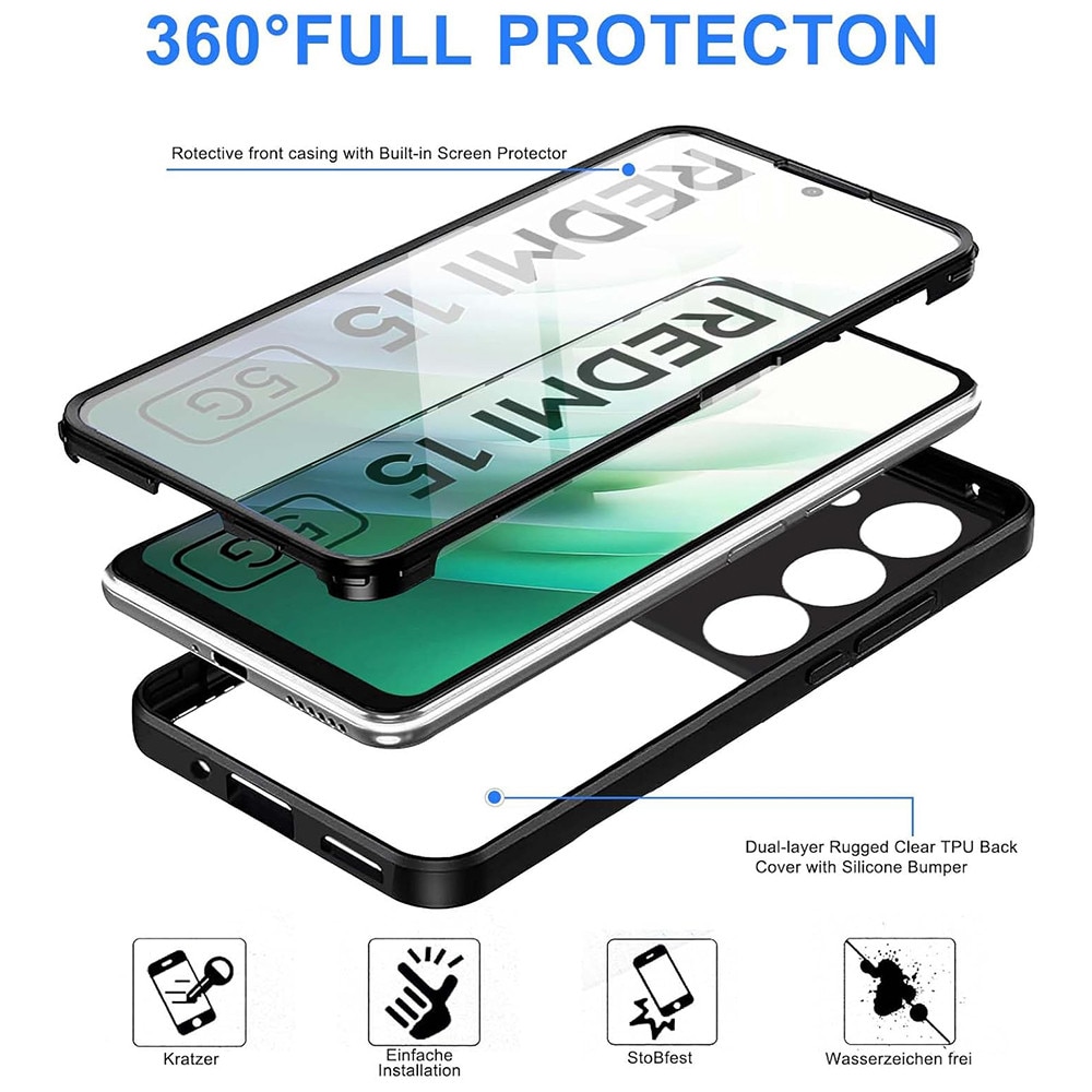 Set 360: Husa cu folie integrata pentru Xiaomi Redmi 15 5G Protectie 360 fata / spate - negru