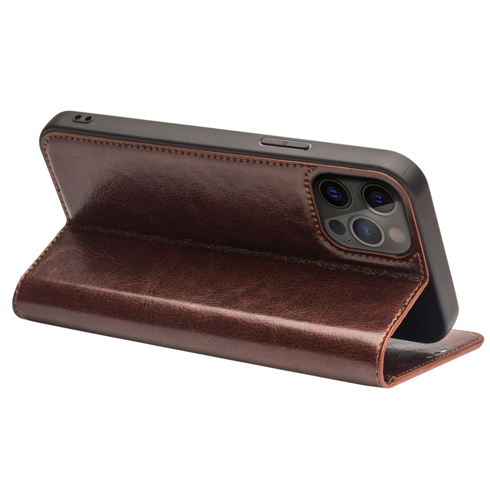 Husa pentru iPhone 13 Pro Max, Qialino Classic Wallet, din piele fina tip carte, cu buzunare carduri si bani, culoare Maro coffee