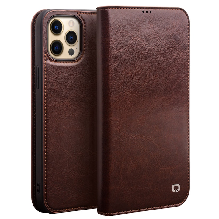 Husa pentru iPhone 13 Pro Max, Qialino Classic Wallet, din piele fina tip carte, cu buzunare carduri si bani, culoare Maro coffee