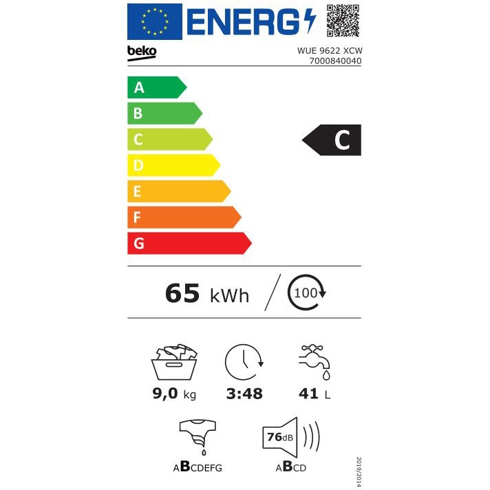 Masina de spalat rufe Beko WUE 9622 XCW, 9 kg, 1200 RPM, Clasa C, AddXtra, Motor ProSmart Inverter, SteamCure, Alb