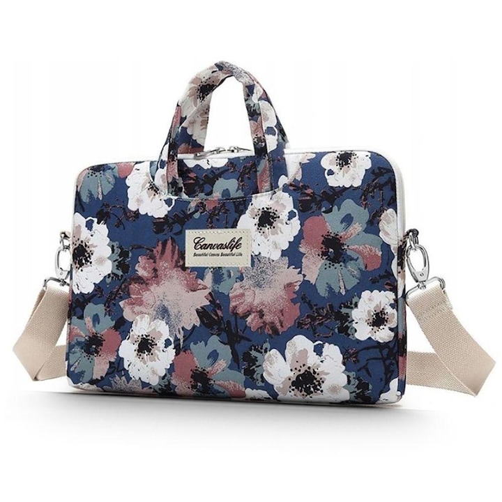 Geanta Laptop Universala 15-16" Canvaslife, Manere tip Servieta, Protectie Ridicata, Design Elegant, Imprimeu Florar, Model Blue Camellia