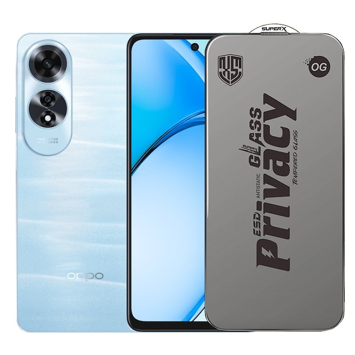 Folie de Protectie pentru Oppo A60, Flippy, Sticla Securizata ESD Antistatica, Super-X Privacy OG, Margini Negre, 0.30 mm, Transparent Inchis