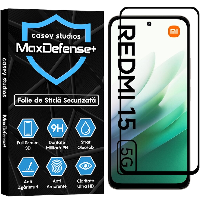 Folie Sticla CASEY STUDIOS™ compatibila cu Xiaomi Redmi 15 5G, Full Cover 3D, Full Glue, Sticla Securizata, Duritate Militara, Ultra HD, Protectie Profesionala Ecran 3D, Anti Zgarieturi, Anti Socuri, Margini Negre
