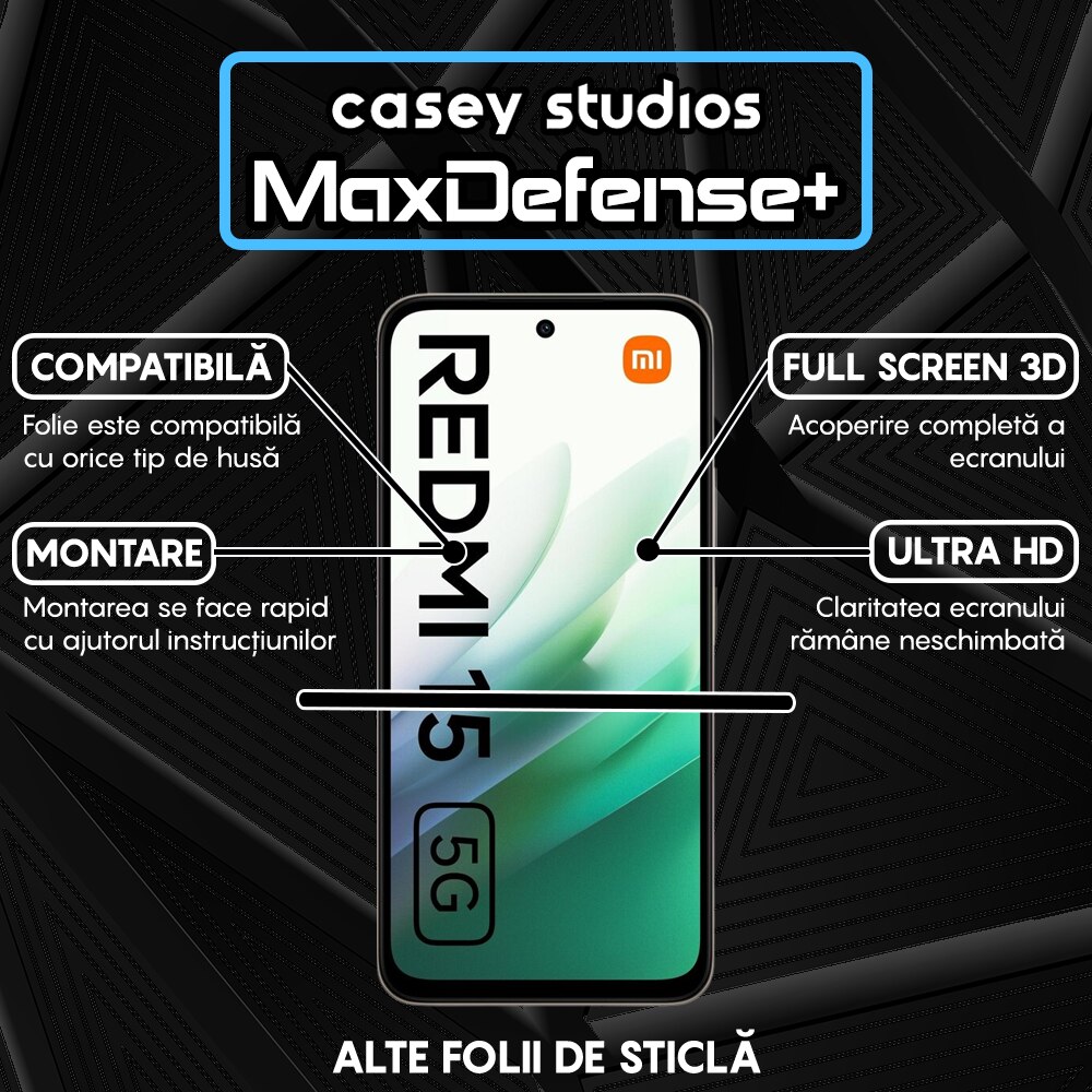 Folie Sticla CASEY STUDIOS™ compatibila cu Xiaomi Redmi 15 5G, Full Cover 3D, Full Glue, Sticla Securizata, Duritate Militara, Ultra HD, Protectie Profesionala Ecran 3D, Anti Zgarieturi, Anti Socuri, Margini Negre