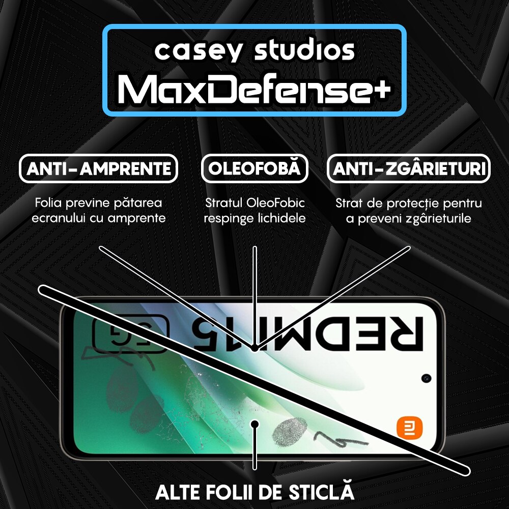 Folie Sticla CASEY STUDIOS™ compatibila cu Xiaomi Redmi 15 5G, Full Cover 3D, Full Glue, Sticla Securizata, Duritate Militara, Ultra HD, Protectie Profesionala Ecran 3D, Anti Zgarieturi, Anti Socuri, Margini Negre