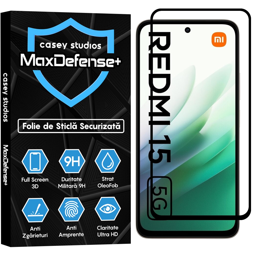 Folie Sticla CASEY STUDIOS™ compatibila cu Xiaomi Redmi 15 5G, Full Cover 3D, Full Glue, Sticla Securizata, Duritate Militara, Ultra HD, Protectie Profesionala Ecran 3D, Anti Zgarieturi, Anti Socuri, Margini Negre