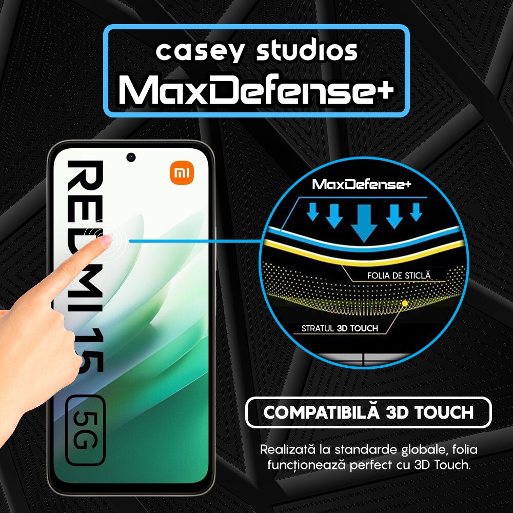 Folie Sticla CASEY STUDIOS™ compatibila cu Xiaomi Redmi 15 5G, Full Cover 3D, Full Glue, Sticla Securizata, Duritate Militara, Ultra HD, Protectie Profesionala Ecran 3D, Anti Zgarieturi, Anti Socuri, Margini Negre