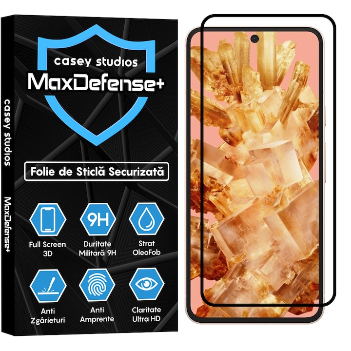 Folie Sticla CASEY STUDIOS™ compatibila cu Google Pixel 8, MaxDefense+, Anti Zgarieturi, Full Glue, Full Cover 3D, Protectie Ecran 3D, Duritate Ridicata, Margini Negre