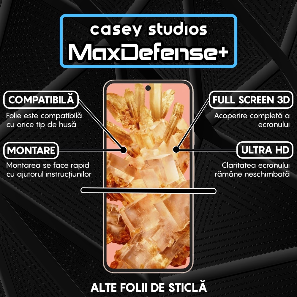 Folie Sticla CASEY STUDIOS™ compatibila cu Google Pixel 8, MaxDefense+, Anti Zgarieturi, Full Glue, Full Cover 3D, Protectie Ecran 3D, Duritate Ridicata, Margini Negre