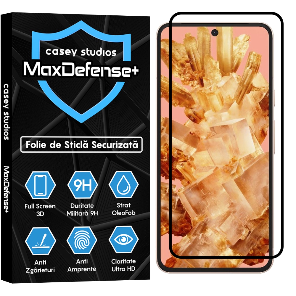 Folie Sticla CASEY STUDIOS™ compatibila cu Google Pixel 8, MaxDefense+, Anti Zgarieturi, Full Glue, Full Cover 3D, Protectie Ecran 3D, Duritate Ridicata, Margini Negre