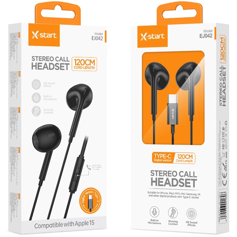 Casti cu Cablu Type-C 120cm, X-Start EJ042, Compatibile iPhone 15/16 si Android, Microfon si Control pe Fir, Negru