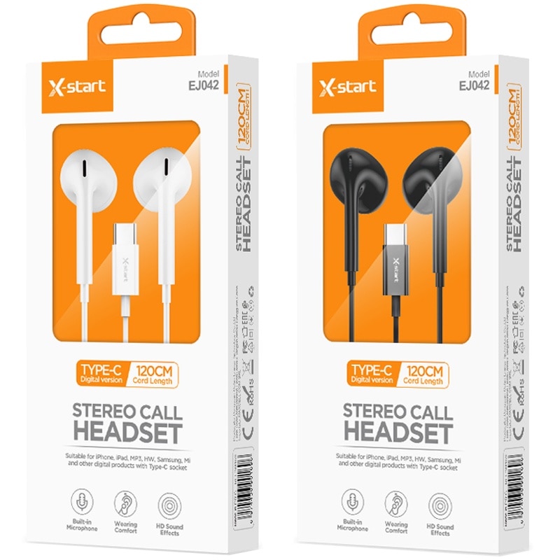 Casti cu Cablu Type-C 120cm, X-Start EJ042, Compatibile iPhone 15/16 si Android, Microfon si Control pe Fir, Negru