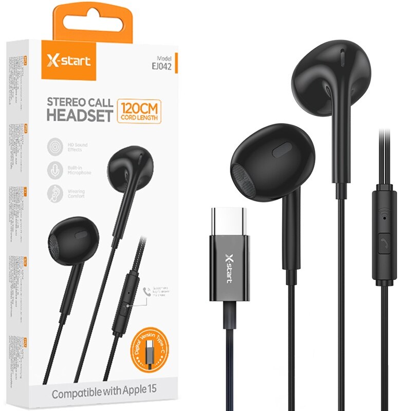 Casti cu Cablu Type-C 120cm, X-Start EJ042, Compatibile iPhone 15/16 si Android, Microfon si Control pe Fir, Negru