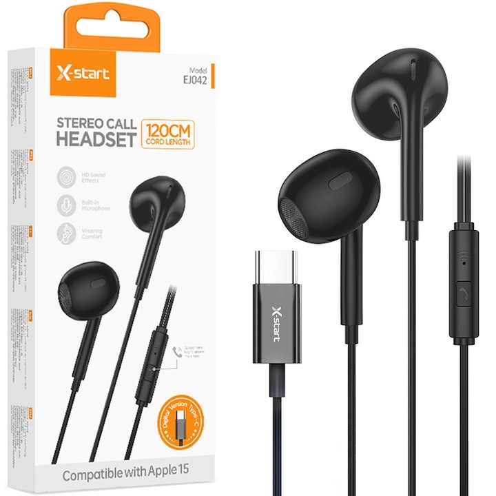 Casti cu Cablu Type-C 120cm, X-Start EJ042, Compatibile iPhone 15/16 si Android, Microfon si Control pe Fir, Negru