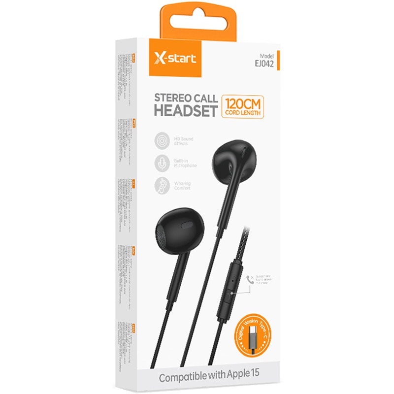 Casti cu Cablu Type-C 120cm, X-Start EJ042, Compatibile iPhone 15/16 si Android, Microfon si Control pe Fir, Negru