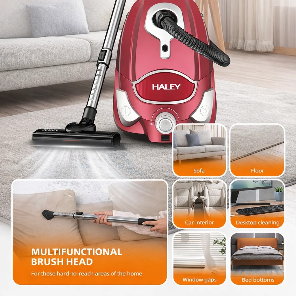 Aspirator HALEY HY-917 3000W, Fara Sac, Recipient 4L, Roșu Metalizat