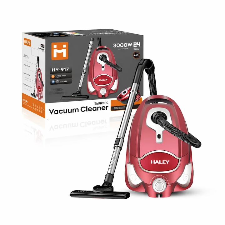 Aspirator HALEY HY-917 3000W, Fara Sac, Recipient 4L, Roșu Metalizat