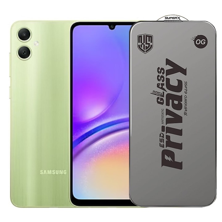 Folie de Protectie pentru Samsung Galaxy A05, Flippy, Sticla Securizata ESD Antistatica, Super-X Privacy OG, Margini Negre, 0.30 mm, Transparent Inchis