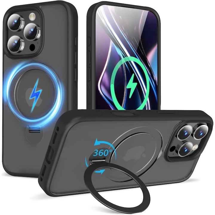 Husa Magnetica pentru iPhone 16 PRO, Protectie Militara Antisoc, Suport Rotativ 360° MagSafe, Negru