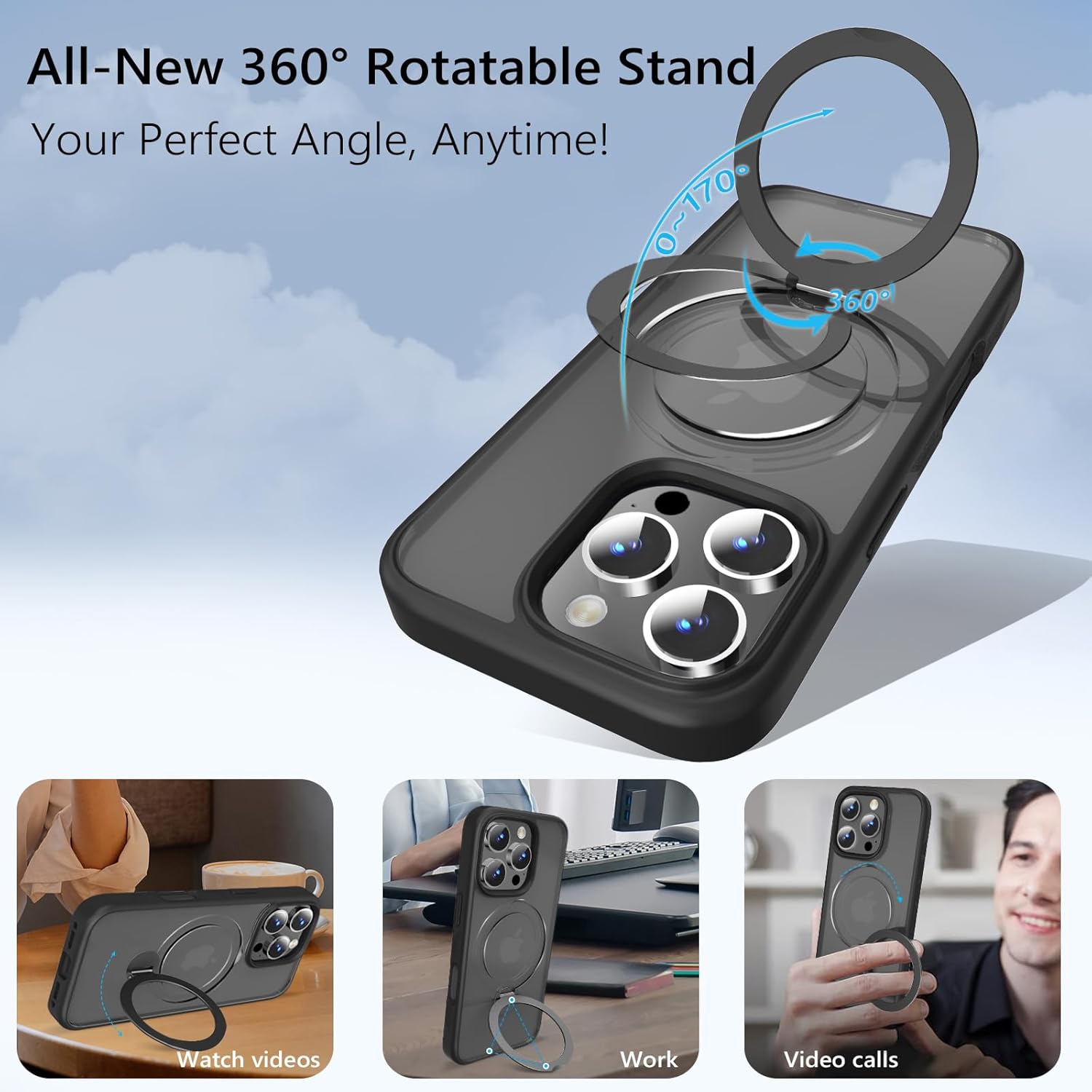 Husa Magnetica pentru iPhone 16 PRO, Protectie Militara Antisoc, Suport Rotativ 360° MagSafe, Negru