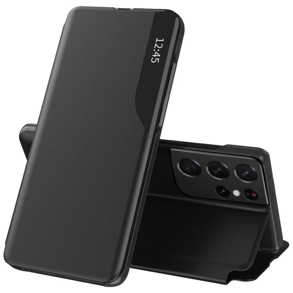 Husa pentru Samsung Galaxy S21 Ultra 5G, SKYDDAR INNOVATION, eFold, tip carte, set cu sticker, Negru