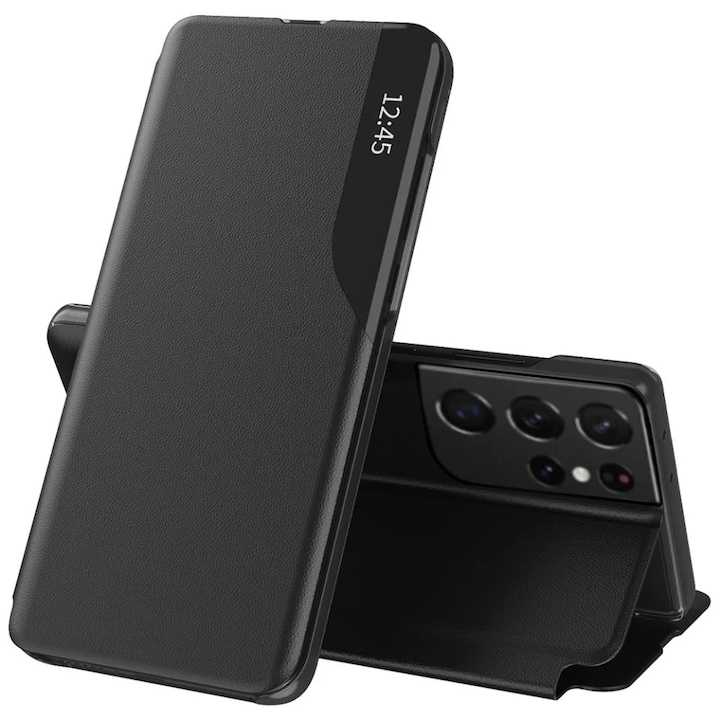 Husa pentru Samsung Galaxy S21 Ultra 5G, SKYDDAR INNOVATION, eFold, tip carte, set cu sticker, Negru