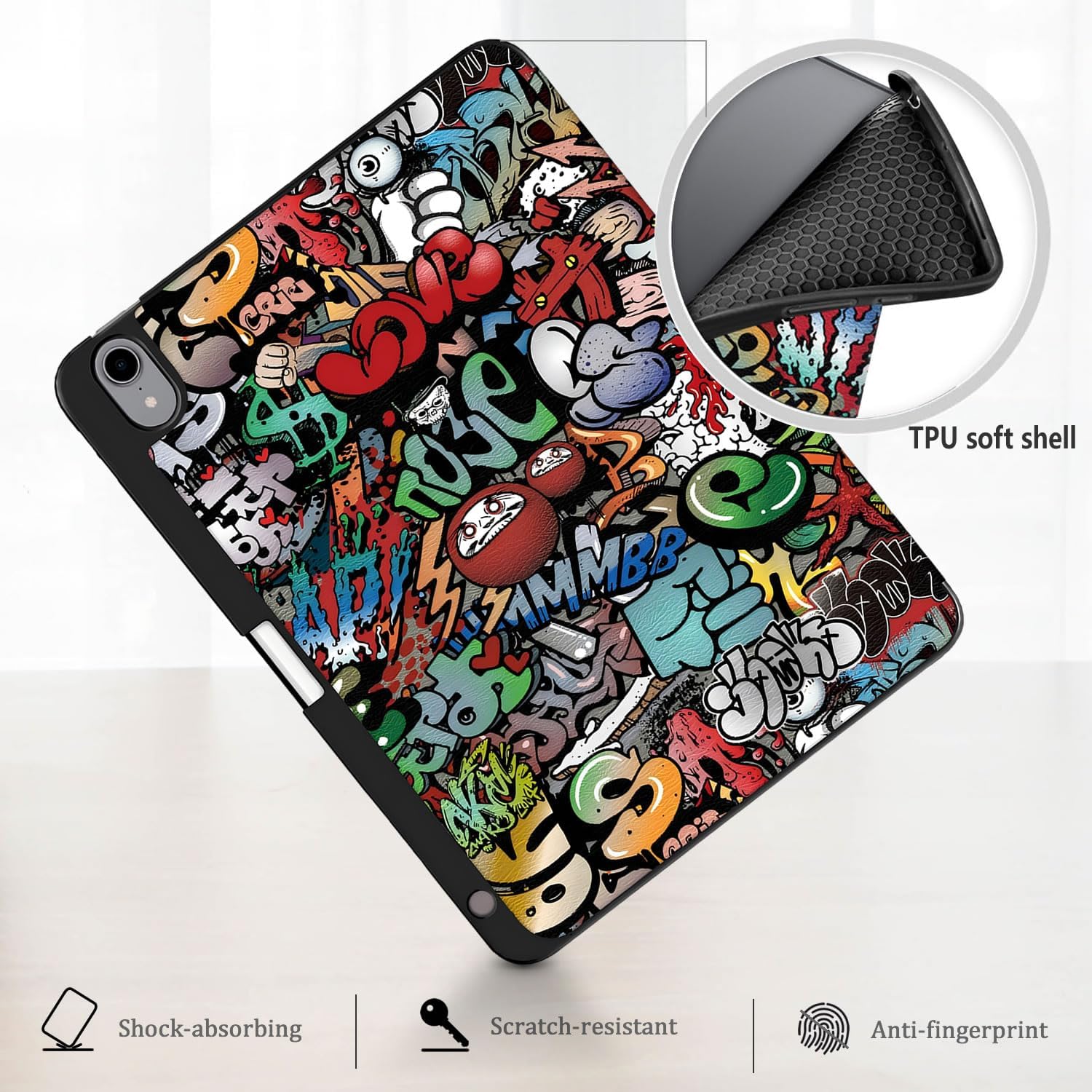 Husa pentru Apple iPad 11 (2025) cu Suport Pencil, Piele eco, Smart Cover – Graffiti