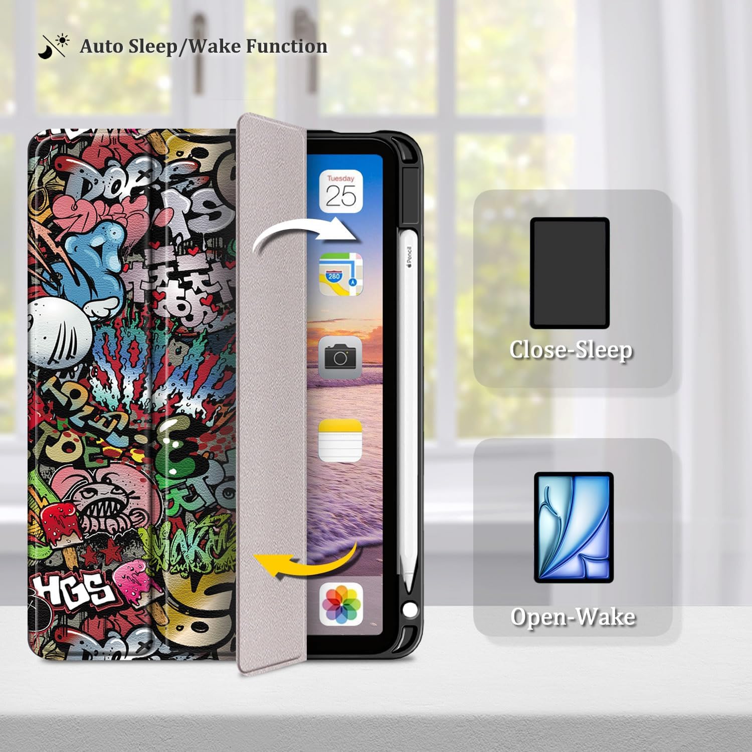 Husa pentru Apple iPad 11 (2025) cu Suport Pencil, Piele eco, Smart Cover – Graffiti