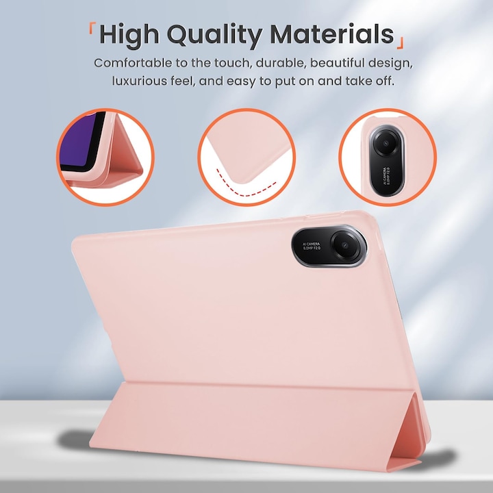 Husa Sigloo pentru tableta Xiaomi Redmi Pad SE 8.7" (2024) – Slim, Tri-Fold Magnetic, Piele Ecologica, Antisoc, Stand Reglabil, – Roz
