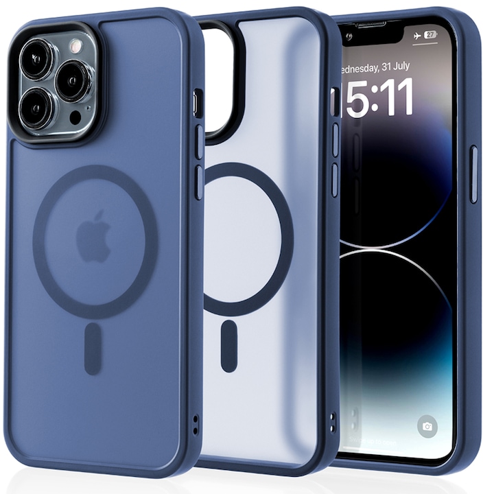 Husa compatibila cu Incarcare Magsafe pentru Apple iPhone 14 Pro Max, CASEY STUDIOS™, de Protectie, Slim, pentru Incarcare Wireless, Margini Ridicate pentru Protectia Ecranului si a Camerelor, Albastru Inchis
