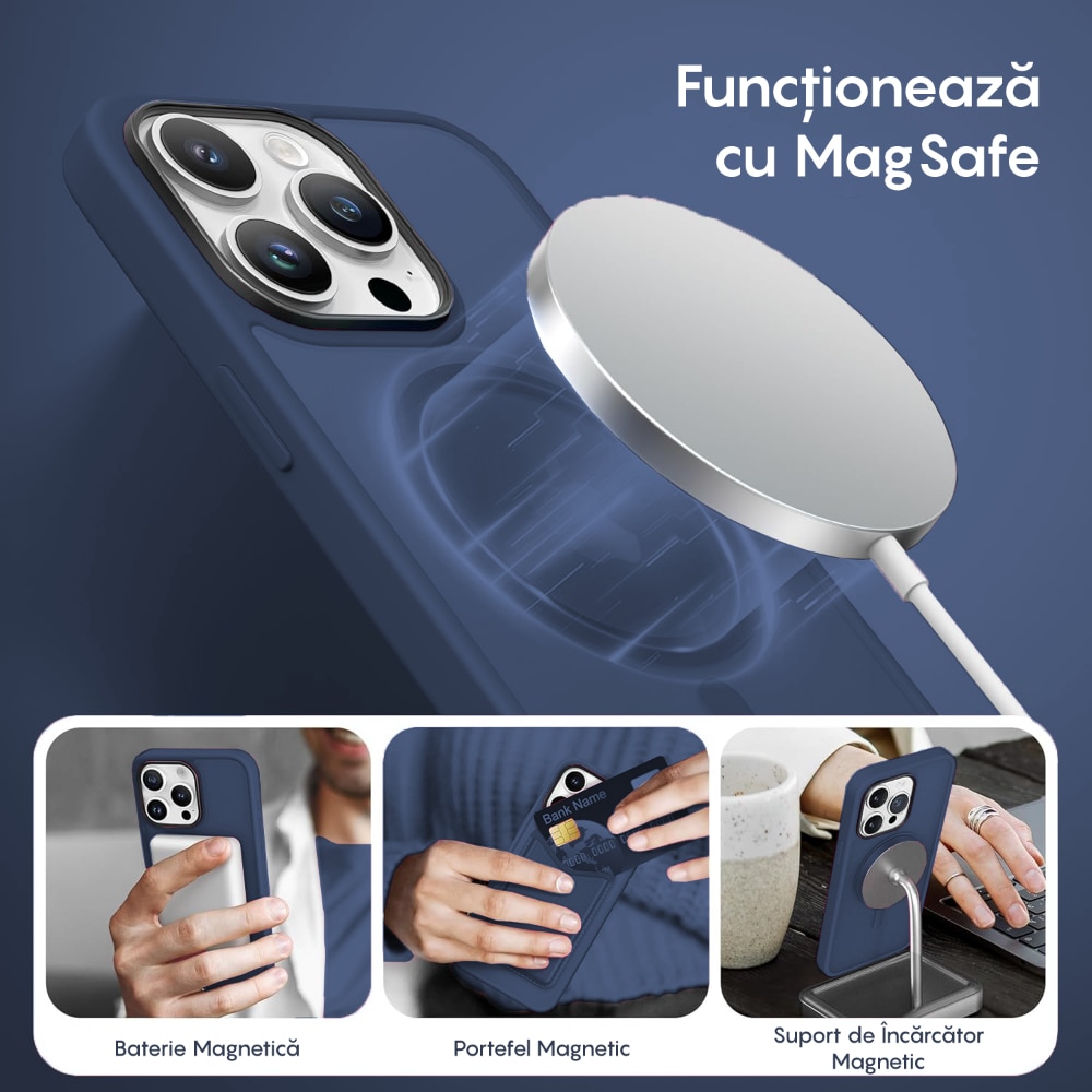 Husa compatibila cu Incarcare Magsafe pentru Apple iPhone 14 Pro Max, CASEY STUDIOS™, de Protectie, Slim, pentru Incarcare Wireless, Margini Ridicate pentru Protectia Ecranului si a Camerelor, Albastru Inchis