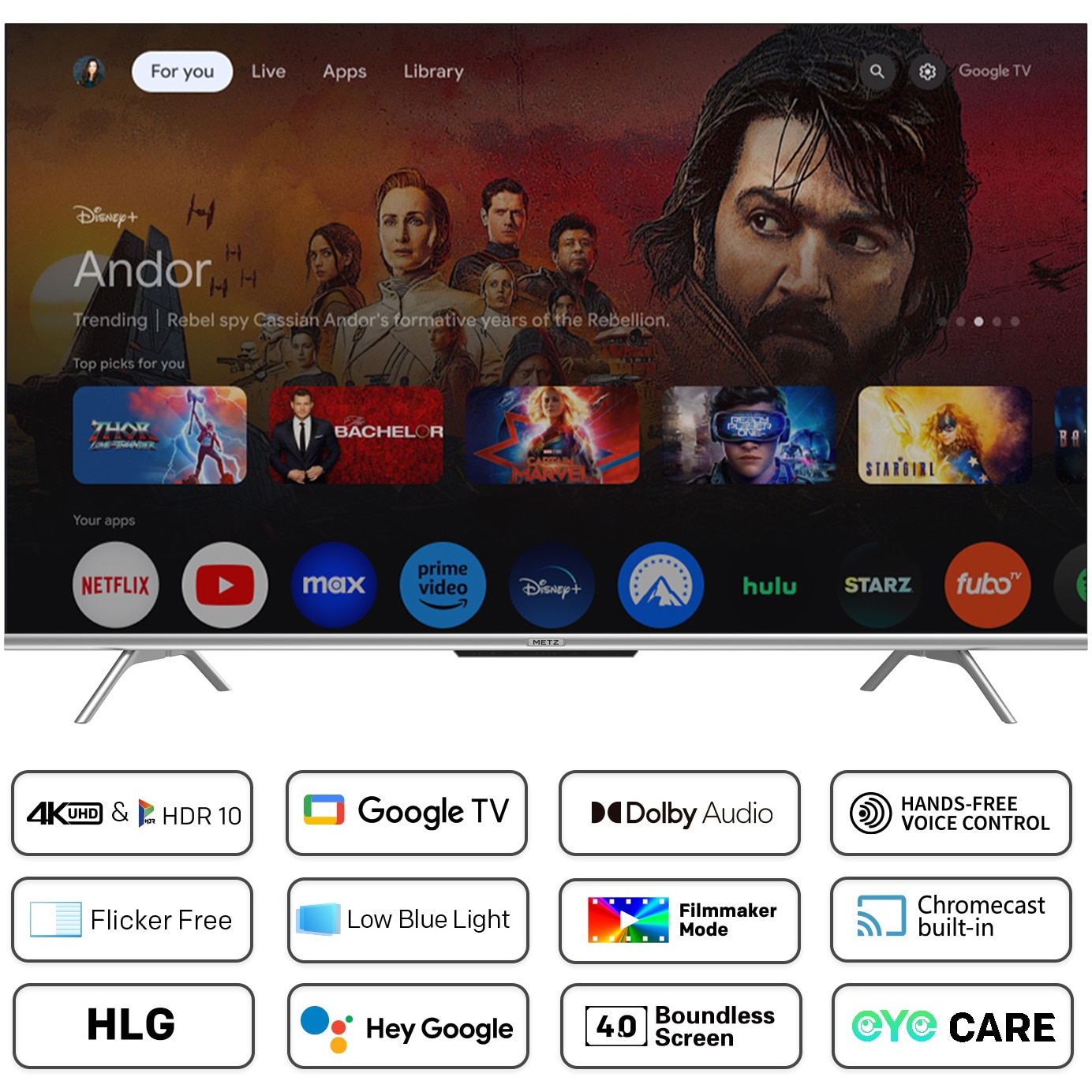 Televizor METZ LED 55MUD7000, 139 cm, Smart Google TV, 4K Ultra HD, Clasa F (Model 2024)