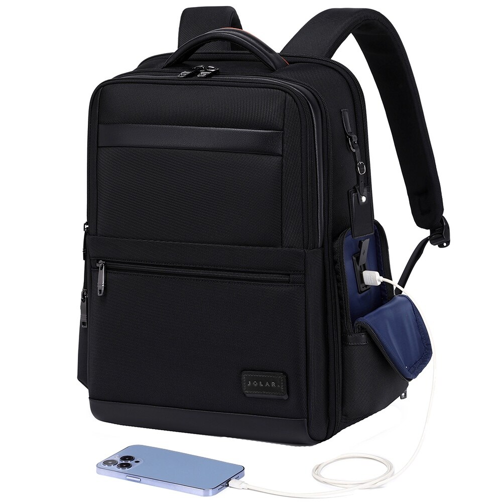 Rucsac business pentru barbati, compartiment separat pentru laptop 15.6 inch, business elegant cu port USB TYPE-C, din poliester este rezistent la apa si se fixeaza de valiza, JOLAR. KB02319BK Negru