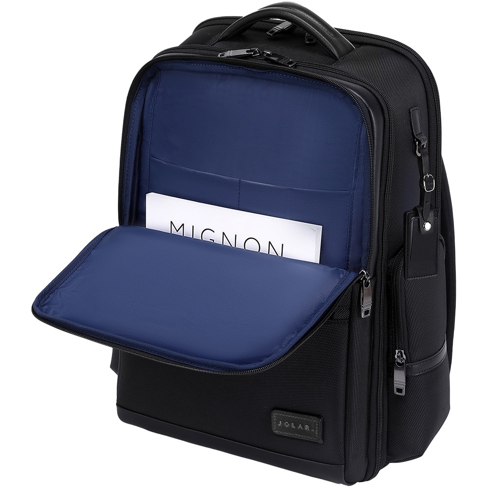 Rucsac business pentru barbati, compartiment separat pentru laptop 15.6 inch, business elegant cu port USB TYPE-C, din poliester este rezistent la apa si se fixeaza de valiza, JOLAR. KB02319BK Negru