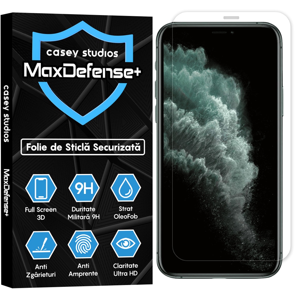 Folie Sticla CASEY STUDIOS™ compatibila cu iPhone 11 Pro Max, MaxDefense+ Classic, Full Cover 3D, Full Glue, Sticla Securizata, Duritate Militara, Ultra HD, Protectie Profesionala Ecran 3D, Anti Zgarieturi, Anti Socuri, Negru