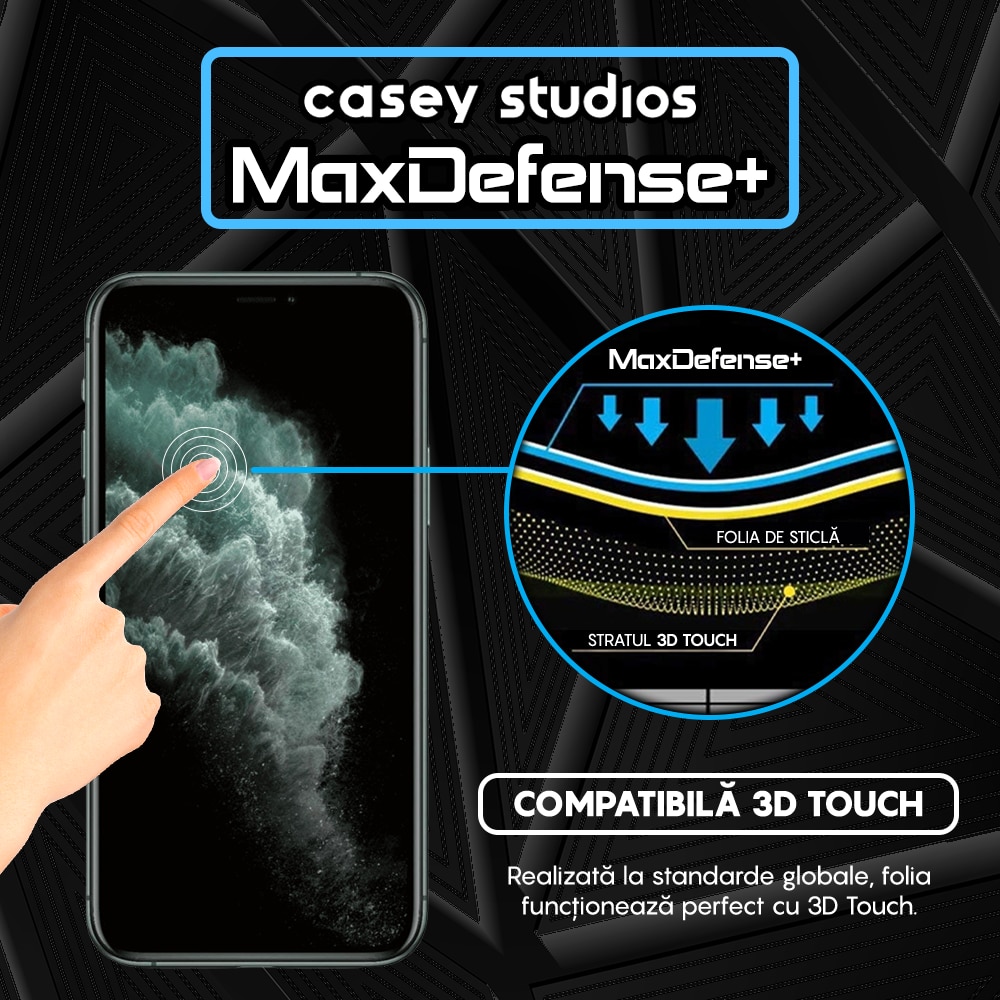 Folie Sticla CASEY STUDIOS™ compatibila cu iPhone 11 Pro Max, MaxDefense+ Classic, Full Cover 3D, Full Glue, Sticla Securizata, Duritate Militara, Ultra HD, Protectie Profesionala Ecran 3D, Anti Zgarieturi, Anti Socuri, Negru