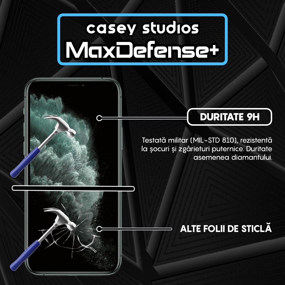Folie Sticla CASEY STUDIOS™ compatibila cu iPhone 11 Pro Max, MaxDefense+ Classic, Full Cover 3D, Full Glue, Sticla Securizata, Duritate Militara, Ultra HD, Protectie Profesionala Ecran 3D, Anti Zgarieturi, Anti Socuri, Negru