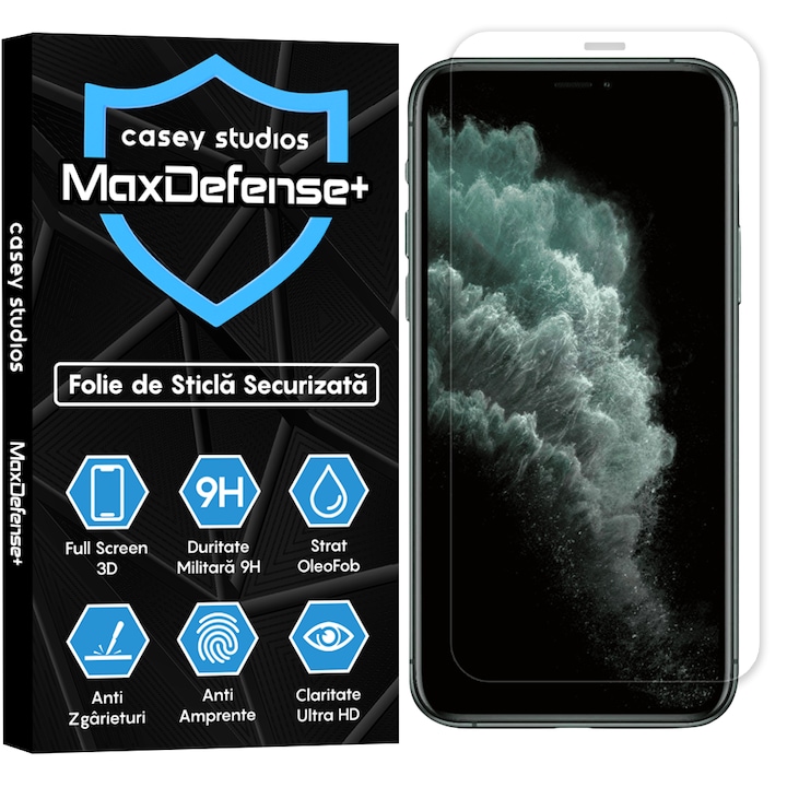 Folie Sticla CASEY STUDIOS™ compatibila cu iPhone 11 Pro Max, MaxDefense+ Classic, Full Cover 3D, Full Glue, Sticla Securizata, Duritate Militara, Ultra HD, Protectie Profesionala Ecran 3D, Anti Zgarieturi, Anti Socuri, Negru