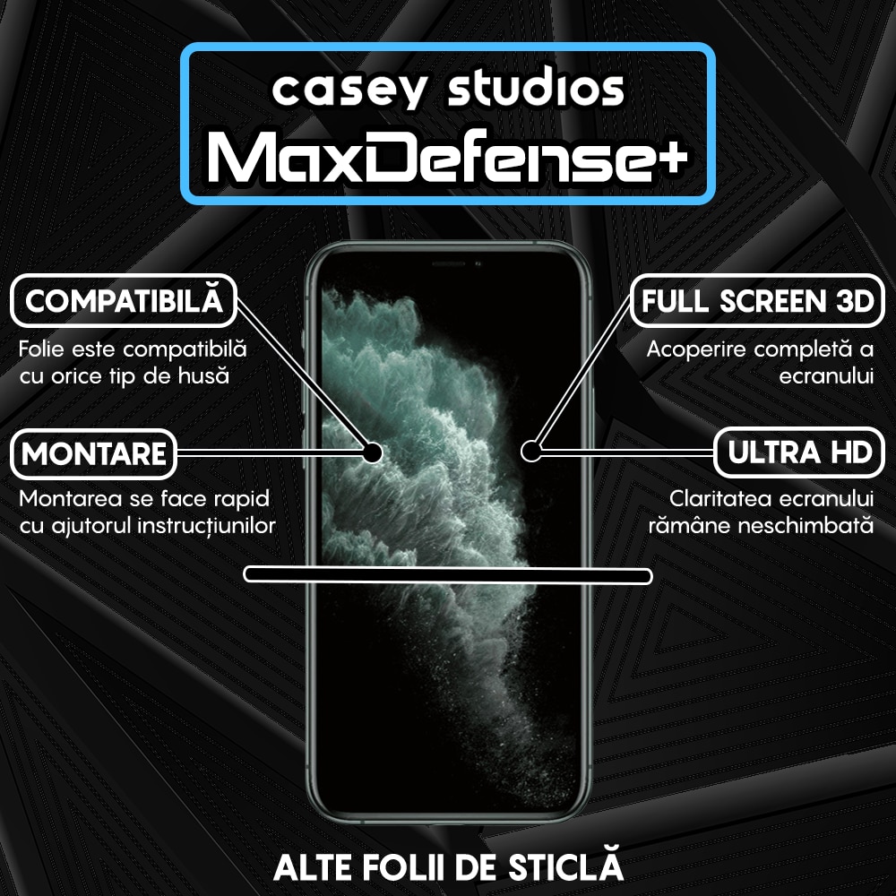 Folie Sticla CASEY STUDIOS™ compatibila cu iPhone 11 Pro Max, MaxDefense+ Classic, Full Cover 3D, Full Glue, Sticla Securizata, Duritate Militara, Ultra HD, Protectie Profesionala Ecran 3D, Anti Zgarieturi, Anti Socuri, Negru