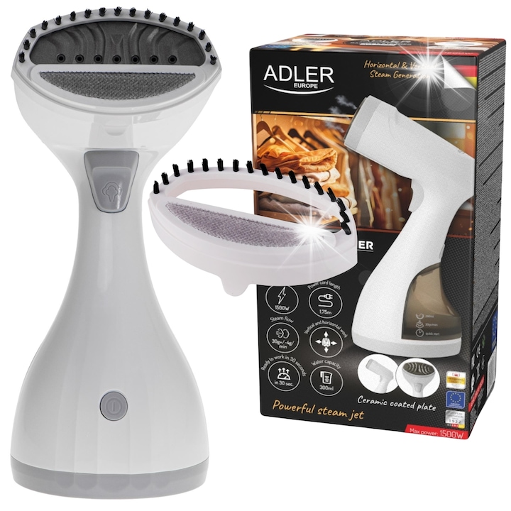 Aparat de calcat cu abur Adler AD 5042, 1500 W, Recipient 0.3 l, 23 g/min Alb