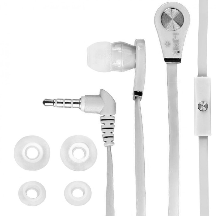 Casti stereo cu fir i-JMB, microfon incorporat, conexiune mufa Jack 3.5 mm, tehnologie Bass Boost System, design simplu, alb