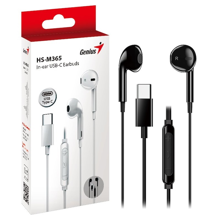 CASTI Genius, "HS-M365", cu fir, intraauriculare, pt smartphone, microfon pe fir, conectare prin USB-C, negru, "31710030400", (timbru verde 0.18 lei)