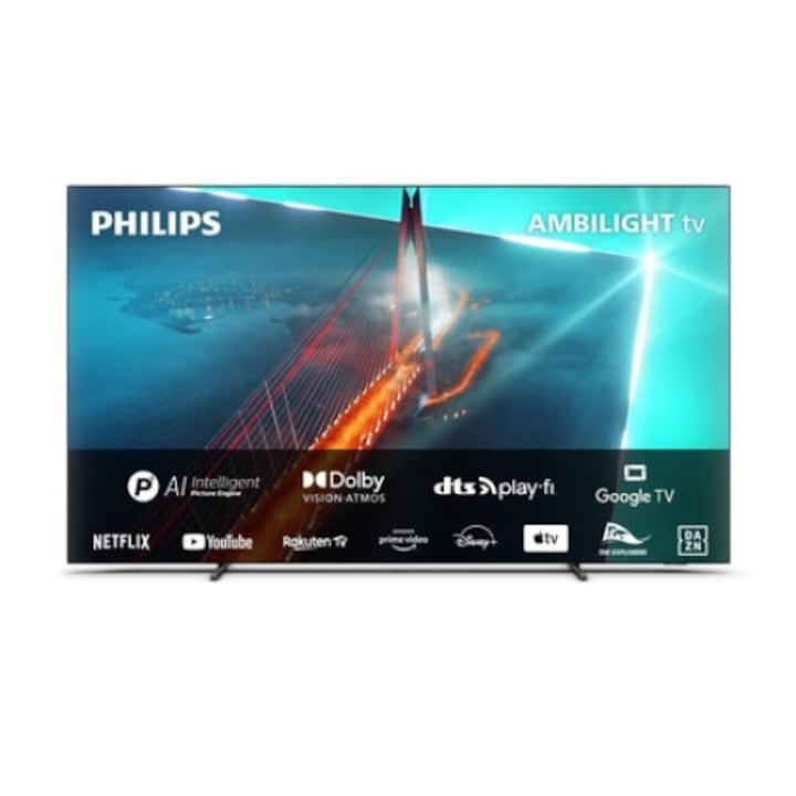 Televizor OLED Philips 65OLED708/12, Smart TV 4K UHD, HDR, control vocal, Ambilight, Dolby Atmos, Google TV, 120 Hz, 164 cm, Negru
